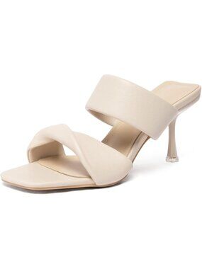 Women's Two Straps Kitten Heeled White Slide Sandals Square Open Toe Low Heel